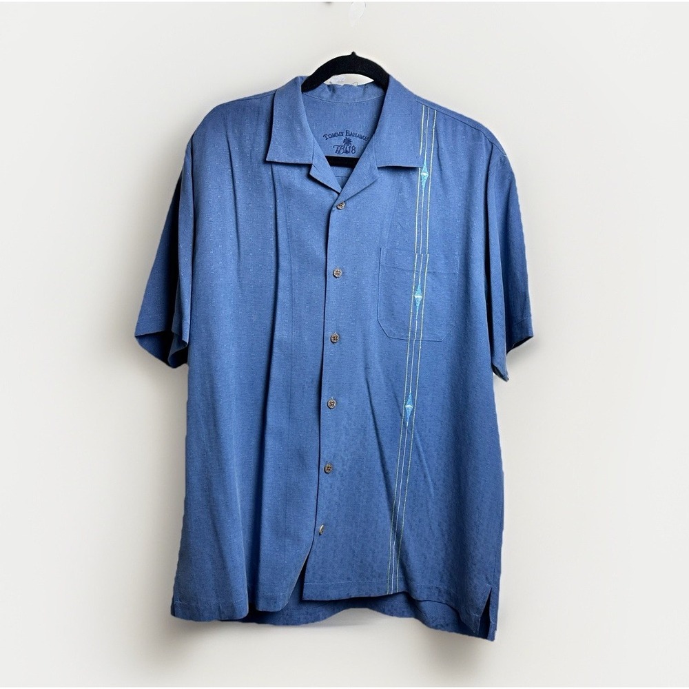 Tommy Bahama Blue Silk Shirt Mulligan Mojito Embroidered Mens Large Short Sleeve